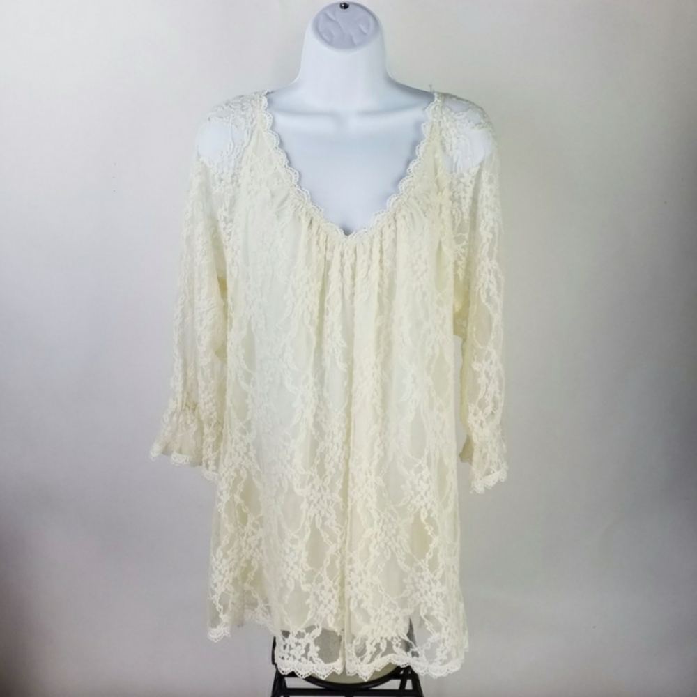V Christina Cream 3/4 Ruffle Sleeve Lace Overlay Mini Dress Womens Large